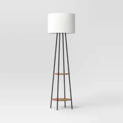 Floor Lamp With Shelves - Room Essentials™: Black Metal, Linen Shade, ETL Listed, 62" Height